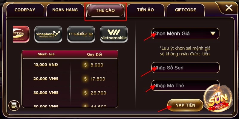 Nạp tiền Sunwin - 5 hình thức nạp tiền phổ biến tại Sunwin 3 Nạp tiền vào tài khoản Sunwin bằng hình thức thẻ cào