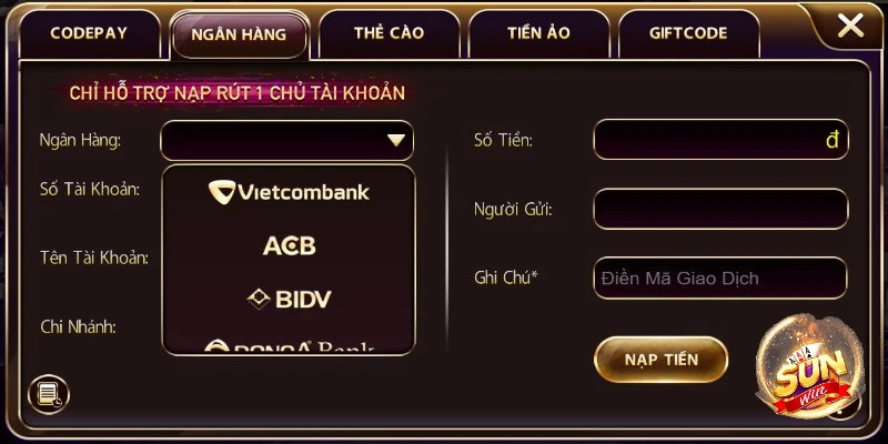 Nạp tiền Sunwin - 5 hình thức nạp tiền phổ biến tại Sunwin 2 Nạp tiền vào tài khoản Sunwin bằng phương thức ngân hàng